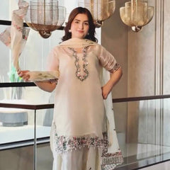 Pure Fendi Silk With Embroidery Sequence Work, Fancy Diamond Hand Work, Fancy Moti Latkan Border, And Sleeves Palazzo Suit Set