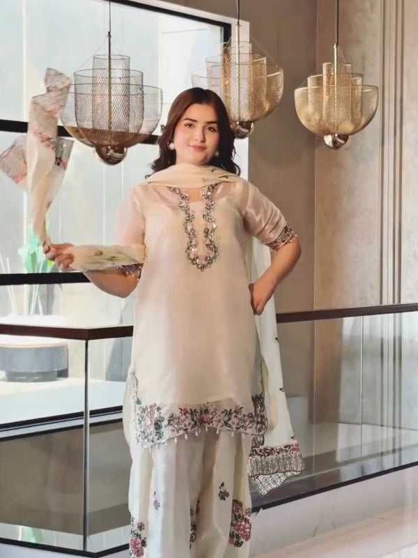 Pure Fendi Silk With Embroidery Sequence Work, Fancy Diamond Hand Work, Fancy Moti Latkan Border, And Sleeves Palazzo Suit Set