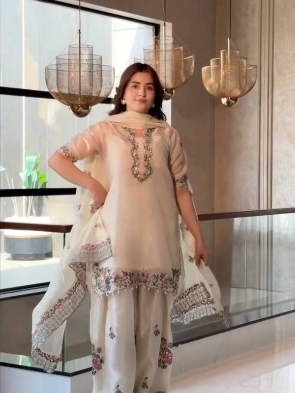 Pure Fendi Silk With Embroidery Sequence Work, Fancy Diamond Hand Work, Fancy Moti Latkan Border, And Sleeves Palazzo Suit Set