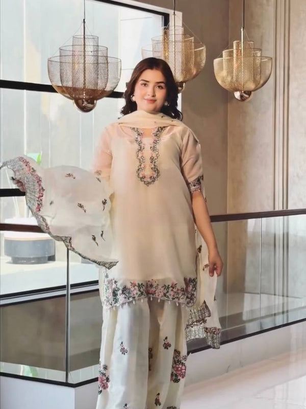 Pure Fendi Silk With Embroidery Sequence Work, Fancy Diamond Hand Work, Fancy Moti Latkan Border, And Sleeves Palazzo Suit Set