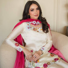 Heavy Roman Glass Silk Material With Multi Embroidery And Beads Moti Work Sharara Palazzo Suit Set