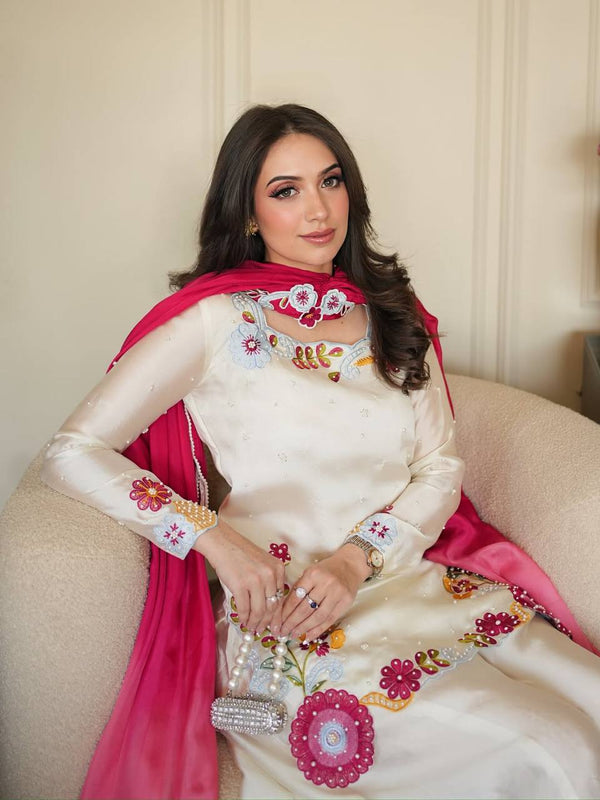 Heavy Roman Glass Silk Material With Multi Embroidery And Beads Moti Work Sharara Palazzo Suit Set