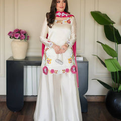 Heavy Roman Glass Silk Material With Multi Embroidery And Beads Moti Work Sharara Palazzo Suit Set