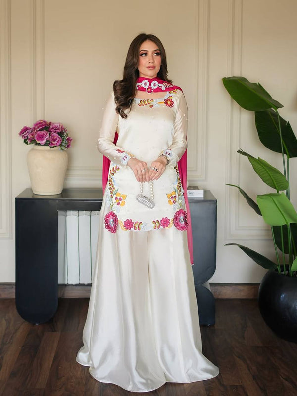 Heavy Roman Glass Silk Material With Multi Embroidery And Beads Moti Work Sharara Palazzo Suit Set