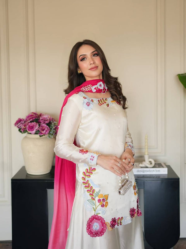 Heavy Roman Glass Silk Material With Multi Embroidery And Beads Moti Work Sharara Palazzo Suit Set