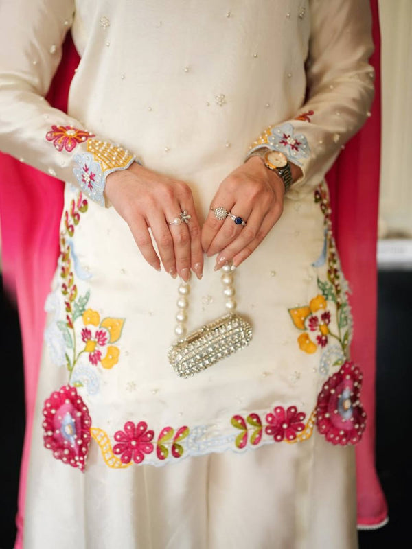 Heavy Roman Glass Silk Material With Multi Embroidery And Beads Moti Work Sharara Palazzo Suit Set