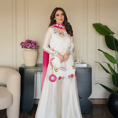Heavy Roman Glass Silk Material With Multi Embroidery And Beads Moti Work Sharara Palazzo Suit Set