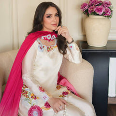 Heavy Roman Glass Silk Material With Multi Embroidery And Beads Moti Work Sharara Palazzo Suit Set