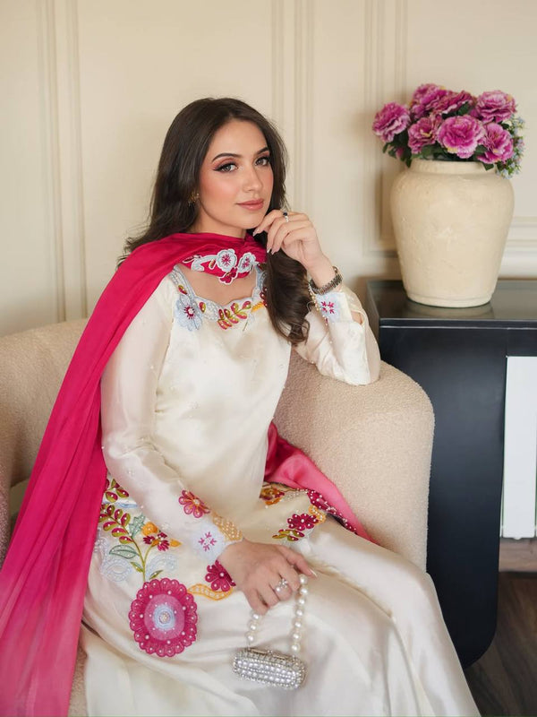 Heavy Roman Glass Silk Material With Multi Embroidery And Beads Moti Work Sharara Palazzo Suit Set