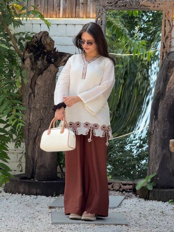 Pure Roman Silk With Embroidery Work Palazzo Suit Set