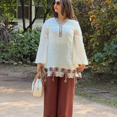 Pure Roman Silk With Embroidery Work Palazzo Suit Set