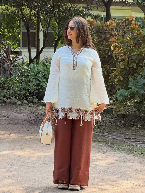 Pure Roman Silk With Embroidery Work Palazzo Suit Set