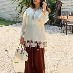 Pure Roman Silk With Embroidery Work Palazzo Suit Set