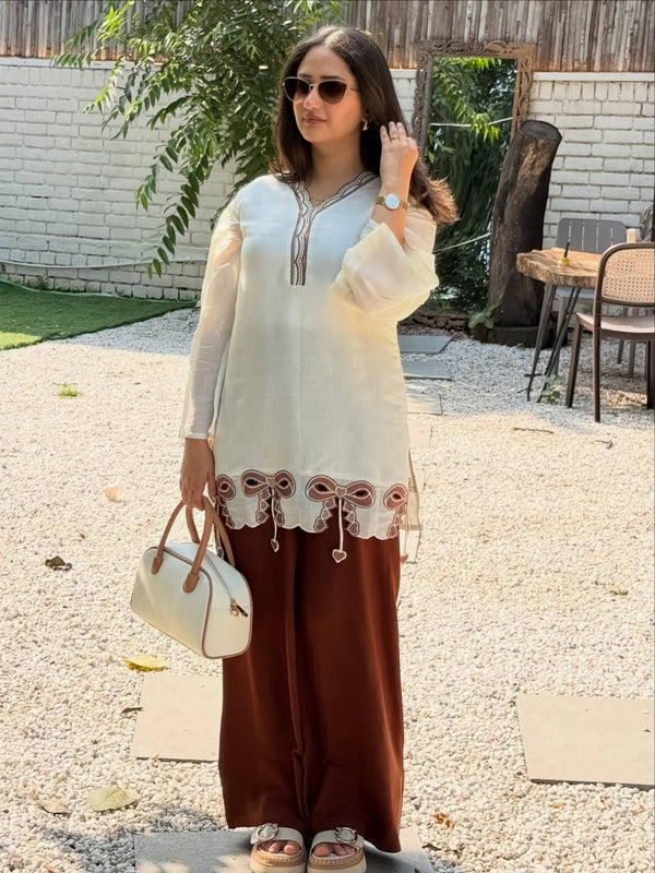 Pure Roman Silk With Embroidery Work Palazzo Suit Set