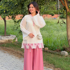 Pure Roman Silk With Embroidery Work Palazzo Suit Set