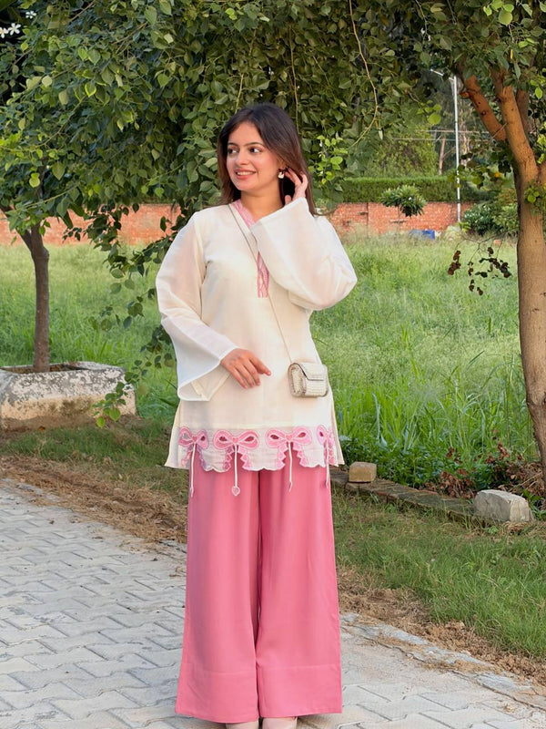 Pure Roman Silk With Embroidery Work Palazzo Suit Set
