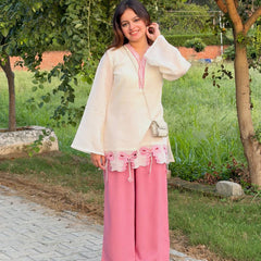 Pure Roman Silk With Embroidery Work Palazzo Suit Set