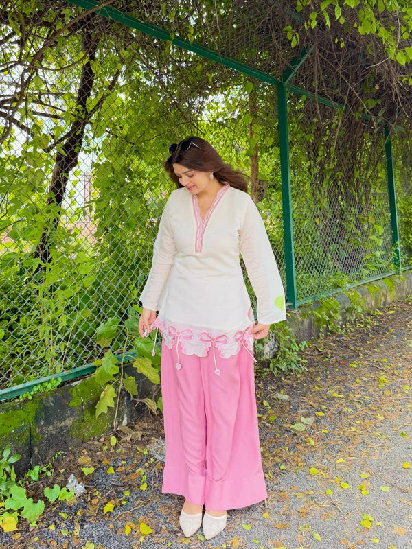 Pure Roman Silk With Embroidery Work Palazzo Suit Set