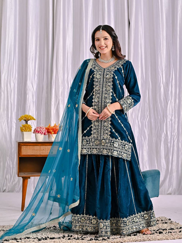 Pure Heavy Viscose Velvet With Heavy Embroidery Multi-Needle Sequence Work Sharara Palazzo Suit Set
