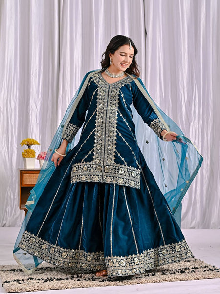 Pure Heavy Viscose Velvet With Heavy Embroidery Multi-Needle Sequence Work Sharara Palazzo Suit Set