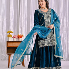 Pure Heavy Viscose Velvet With Heavy Embroidery Multi-Needle Sequence Work Sharara Palazzo Suit Set