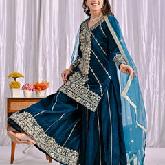 Pure Heavy Viscose Velvet With Heavy Embroidery Multi-Needle Sequence Work Sharara Palazzo Suit Set