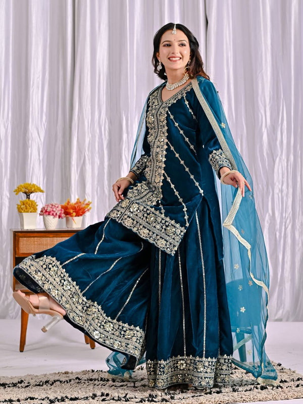 Pure Heavy Viscose Velvet With Heavy Embroidery Multi-Needle Sequence Work Sharara Palazzo Suit Set