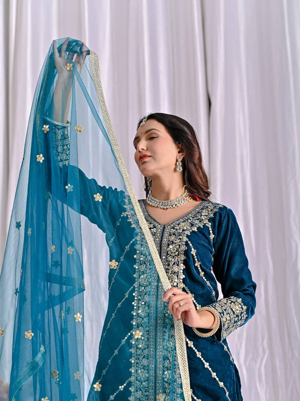 Pure Heavy Viscose Velvet With Heavy Embroidery Multi-Needle Sequence Work Sharara Palazzo Suit Set