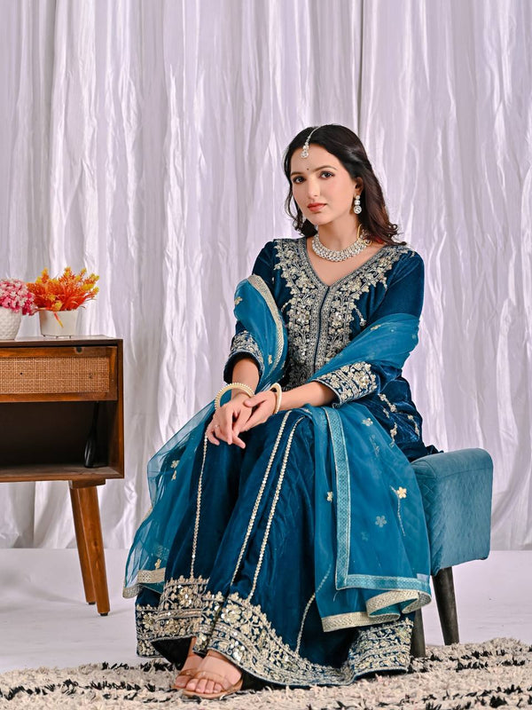 Pure Heavy Viscose Velvet With Heavy Embroidery Multi-Needle Sequence Work Sharara Palazzo Suit Set