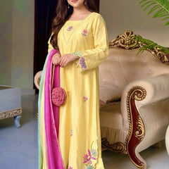 PURE HEAVY HO SILK AND LONG EMBROIDERY WORK TOP AND PLAZO PANT WITH DUPATTA