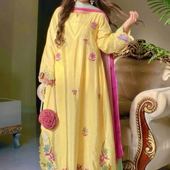 PURE HEAVY HO SILK AND LONG EMBROIDERY WORK TOP AND PLAZO PANT WITH DUPATTA