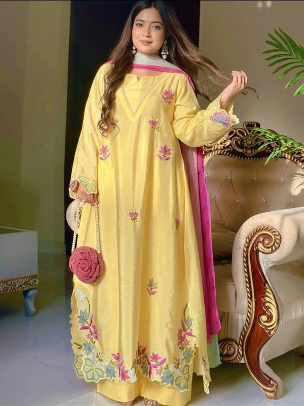 PURE HEAVY HO SILK AND LONG EMBROIDERY WORK TOP AND PLAZO PANT WITH DUPATTA