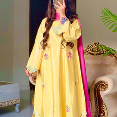PURE HEAVY HO SILK AND LONG EMBROIDERY WORK TOP AND PLAZO PANT WITH DUPATTA