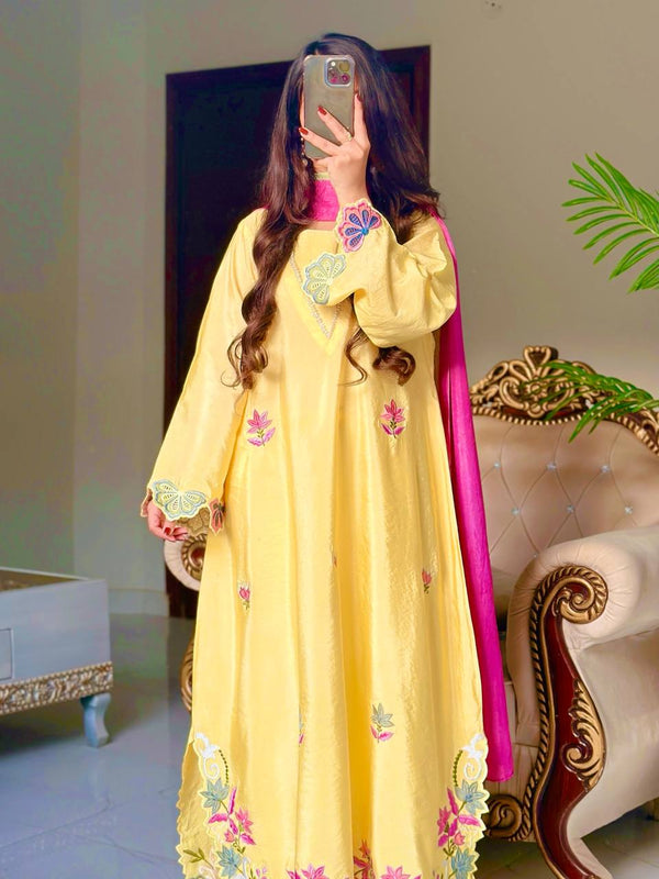 PURE HEAVY HO SILK AND LONG EMBROIDERY WORK TOP AND PLAZO PANT WITH DUPATTA