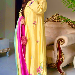 PURE HEAVY HO SILK AND LONG EMBROIDERY WORK TOP AND PLAZO PANT WITH DUPATTA