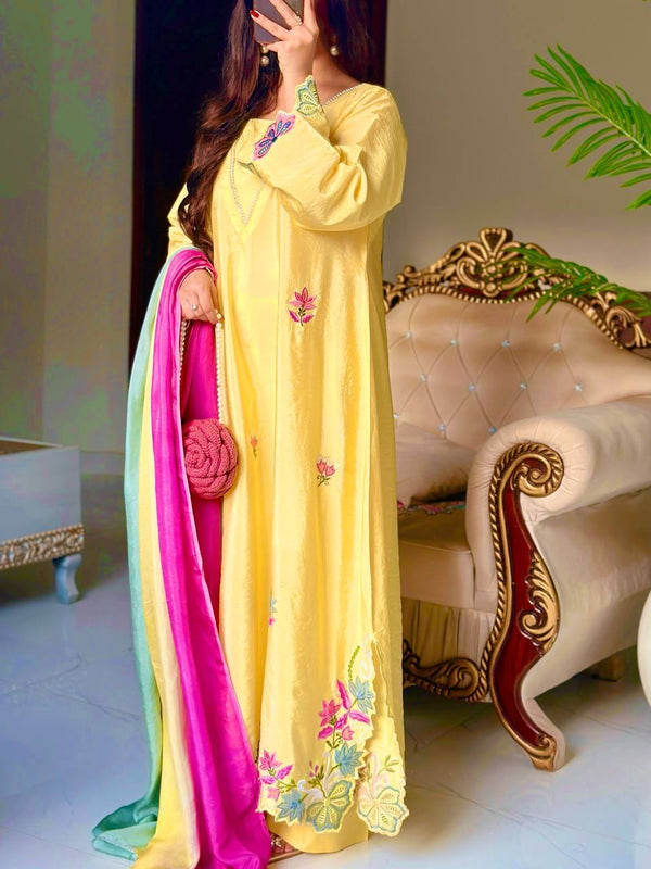 PURE HEAVY HO SILK AND LONG EMBROIDERY WORK TOP AND PLAZO PANT WITH DUPATTA