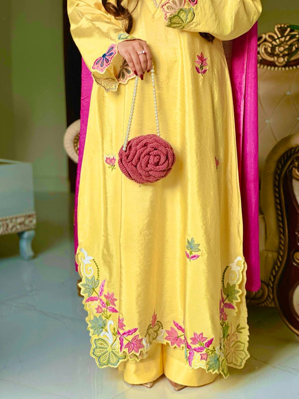 PURE HEAVY HO SILK AND LONG EMBROIDERY WORK TOP AND PLAZO PANT WITH DUPATTA
