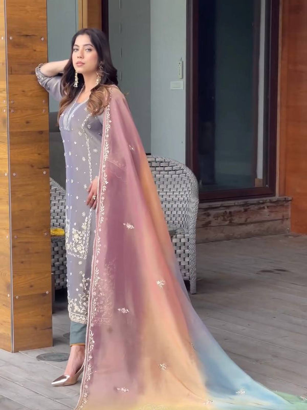Pure Jimmy Choo With Embroidery Sequence Work, Pearl Rivet Moti Work, and Sleeves Top Bottom Suit Set