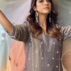 Pure Jimmy Choo With Embroidery Sequence Work, Pearl Rivet Moti Work, and Sleeves Top Bottom Suit Set