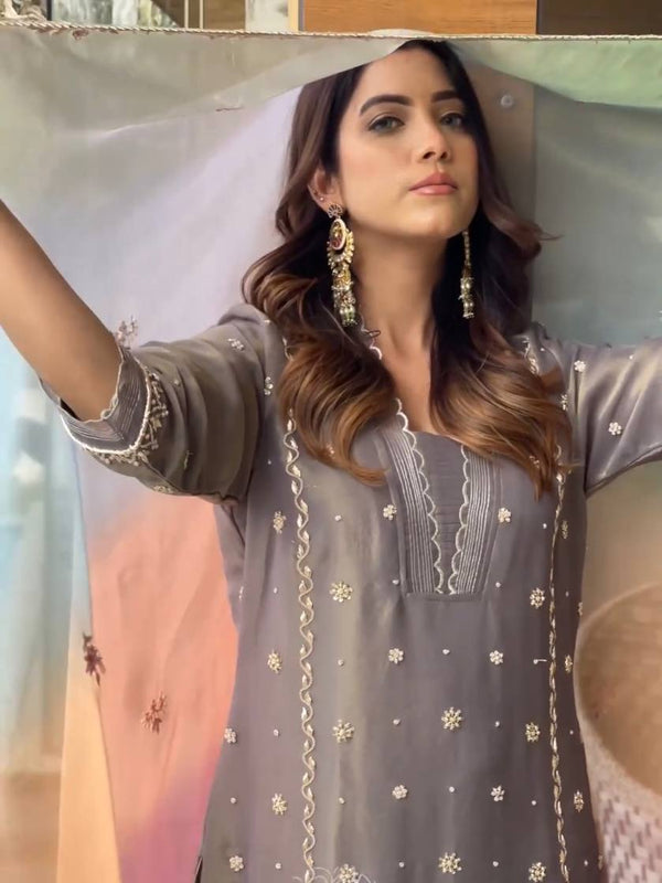 Pure Jimmy Choo With Embroidery Sequence Work, Pearl Rivet Moti Work, and Sleeves Top Bottom Suit Set