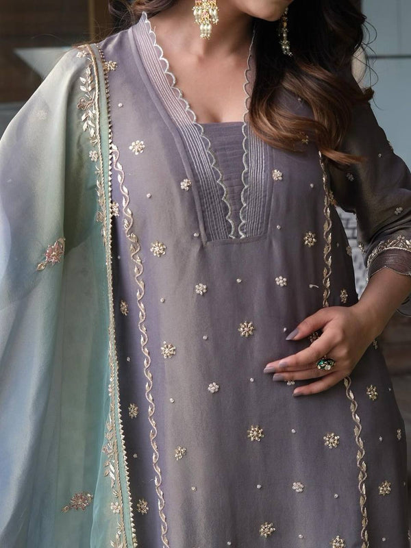 Pure Jimmy Choo With Embroidery Sequence Work, Pearl Rivet Moti Work, and Sleeves Top Bottom Suit Set