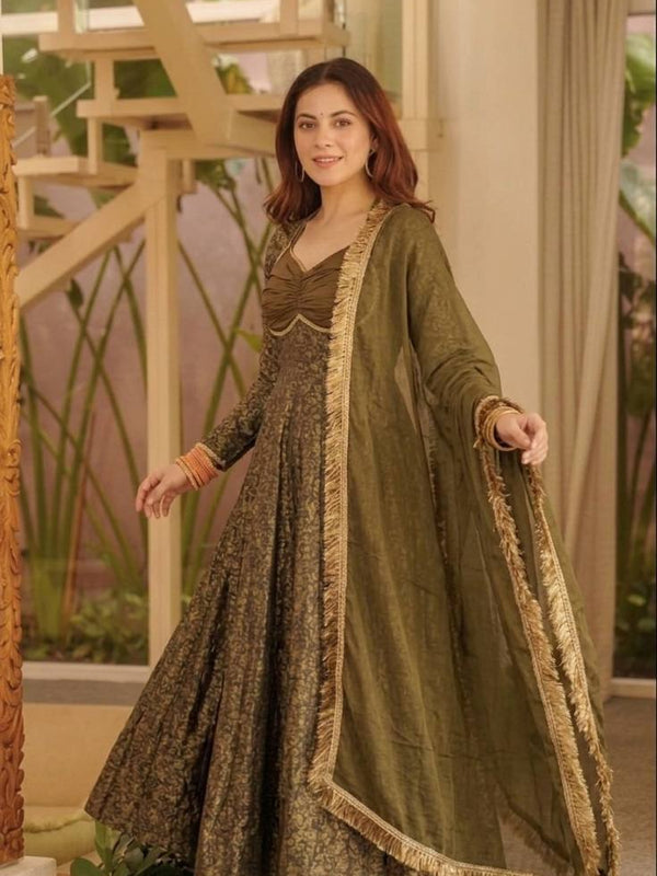 Heavy Floral Brocade Jacquard Fabric Anarkali Suit