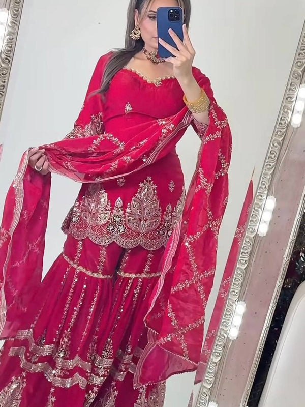 Designer Party Wear Look Top , Sharara and Dupatta