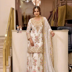 Heavy Faux Georgette With Heavy Embroidery Sequence Work, Sleeves, And Fancy Latkan Border Palazzo Suit Set