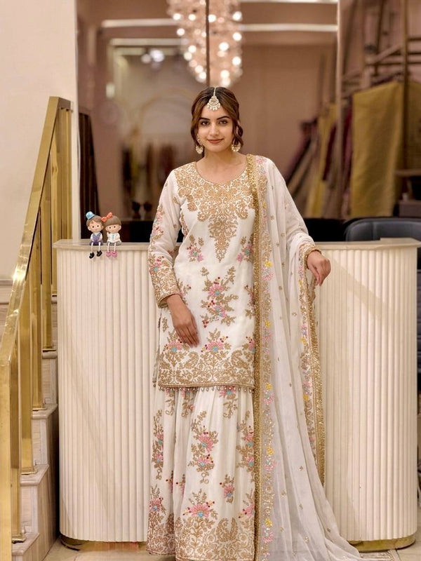 Heavy Faux Georgette With Heavy Embroidery Sequence Work, Sleeves, And Fancy Latkan Border Palazzo Suit Set
