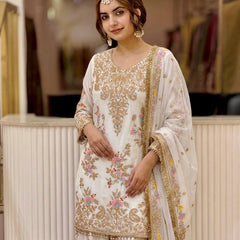 Heavy Faux Georgette With Heavy Embroidery Sequence Work, Sleeves, And Fancy Latkan Border Palazzo Suit Set