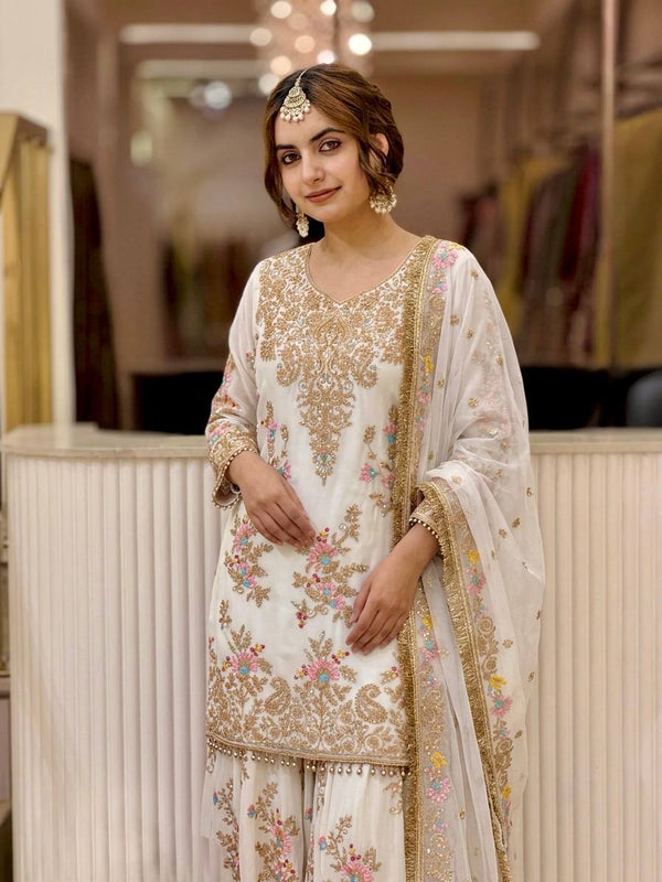 Heavy Faux Georgette With Heavy Embroidery Sequence Work, Sleeves, And Fancy Latkan Border Palazzo Suit Set
