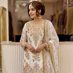 Heavy Faux Georgette With Heavy Embroidery Sequence Work, Sleeves, And Fancy Latkan Border Palazzo Suit Set