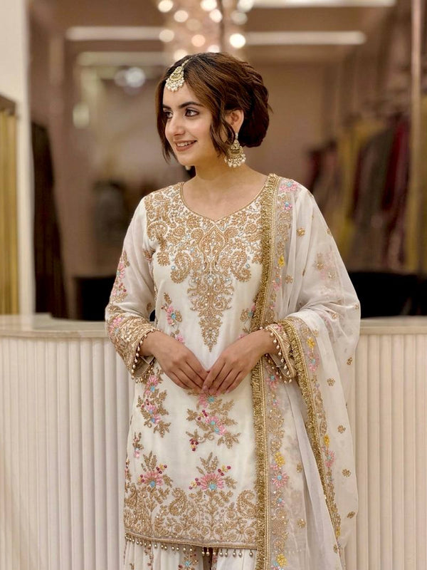 Heavy Faux Georgette With Heavy Embroidery Sequence Work, Sleeves, And Fancy Latkan Border Palazzo Suit Set