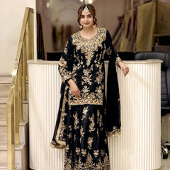 Heavy Faux Georgette With Heavy Embroidery Sequence Work, Sleeves, And Fancy Latkan Border Palazzo Suit Set
